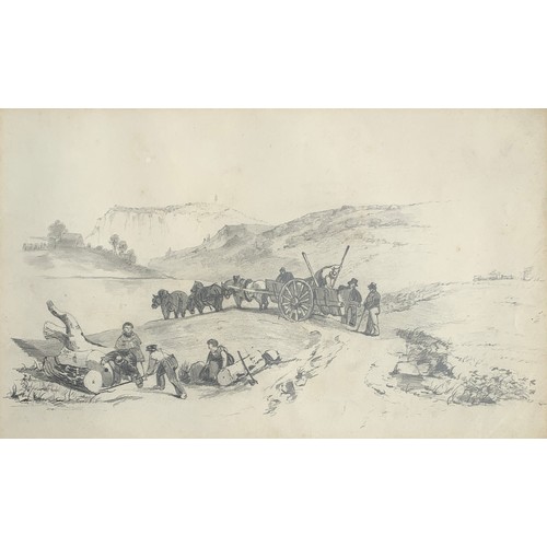 434 - 19th century British, pencil study of loggers, 21.5x35cm