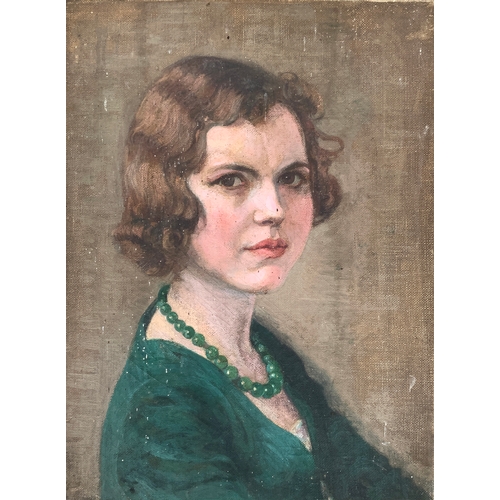 390 - Geoffrey Alan Baker (1881-1959), 'Girl In A Green Dress', oil on canvas, signed and dated, inscribed... 