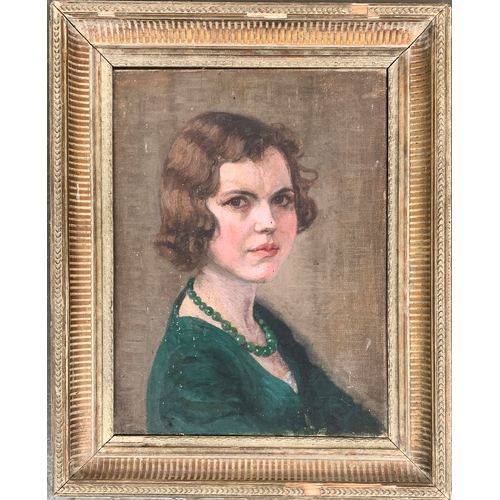 390 - Geoffrey Alan Baker (1881-1959), 'Girl In A Green Dress', oil on canvas, signed and dated, inscribed... 