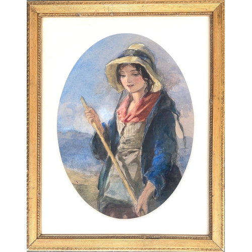 335 - Francis William Topham O.W.C.S (1808-1877), 'Gypsy Girl With a Hay Rake', watercolour on paper, init... 