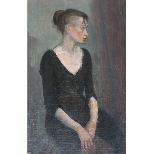 376 - Gloria Travis, 'Portrait of Claire', oil on board, Chelsea Art Society label to verso, 29x44.5cm