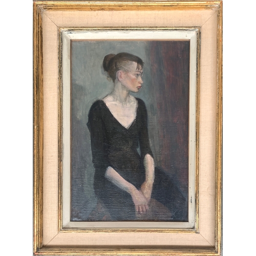 376 - Gloria Travis, 'Portrait of Claire', oil on board, Chelsea Art Society label to verso, 29x44.5cm