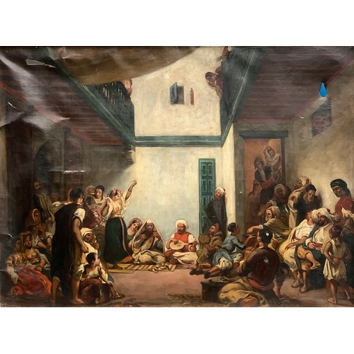 421 - After Eugène Delacroix, Jewish wedding in Morocco, oil on canvas (damaged), 103x140cm