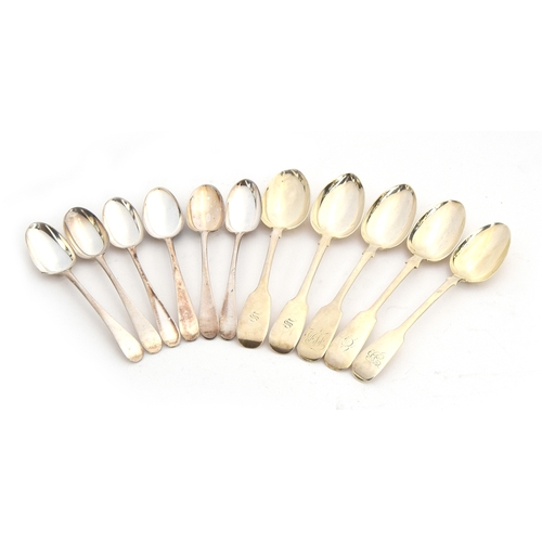 124 - A set of six early Old English pattern teaspoons, marks rubbed; together with several others to incl... 