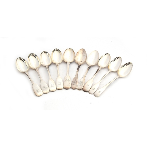 125 - A set of five Fiddle pattern dessert spoons, four by Josiah Williams & Co, Exeter 1854; together wit... 