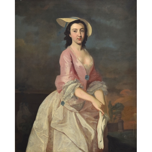 381 - Joseph Highmore (1692-1780), three-quarter length portrait of a lady holding white gloves, oil on ca... 