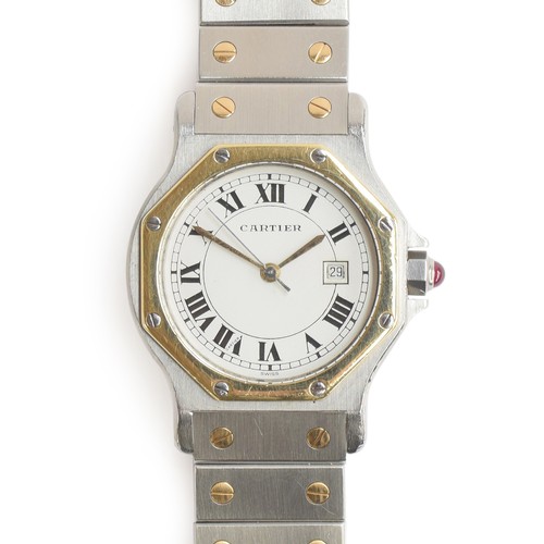 94 - A Cartier Santos octagonal steel and gold automatic bracelet wristwatch, the white dial with date an... 