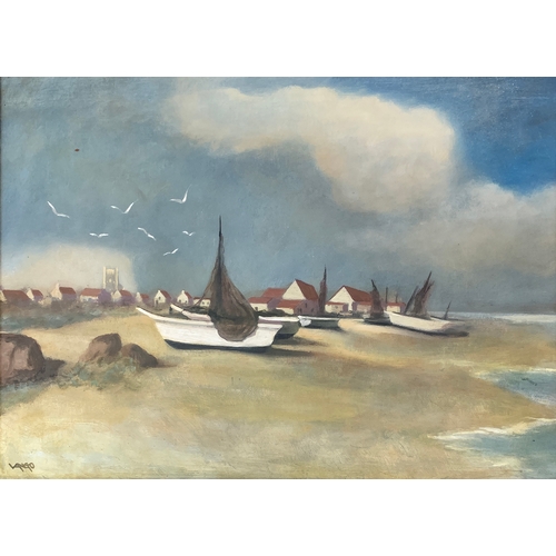 396 - David Vango (British 1950-), ships at rest, oil on ply panel signed, studio stamp verso 29.5cm x 40c... 