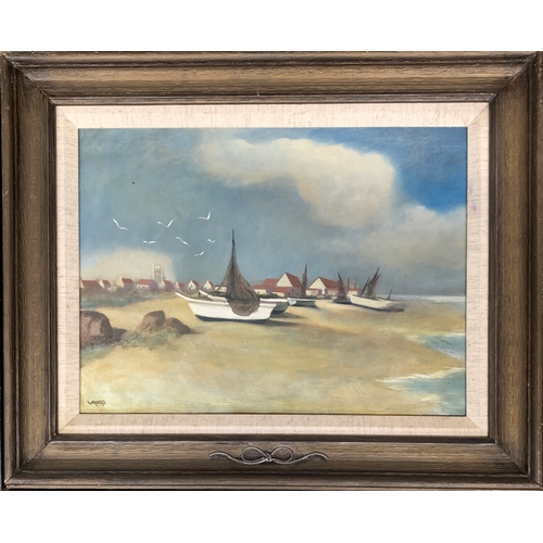 396 - David Vango (British 1950-), ships at rest, oil on ply panel signed, studio stamp verso 29.5cm x 40c... 