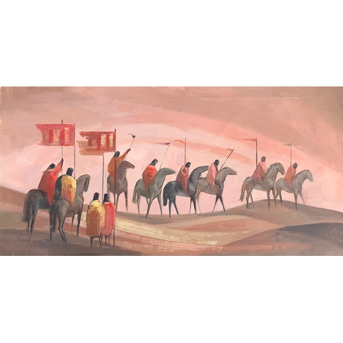 377 - Deborah Jones (Welsh 1921-2012), Desert Procession, oil on canvas, 45.5x90cm