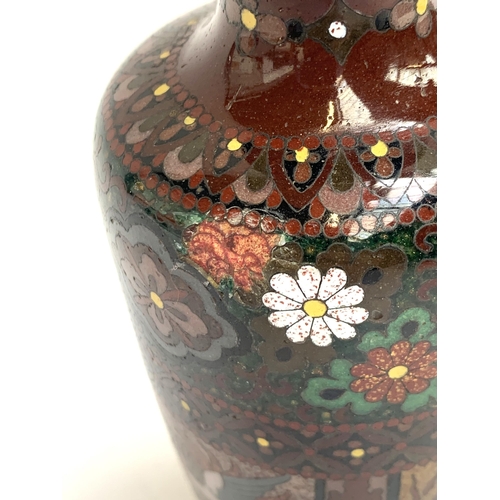 167 - A pair of Japanese Meiji era cloisonne vases, decorated with panels of birds and dragons, each 19cmH