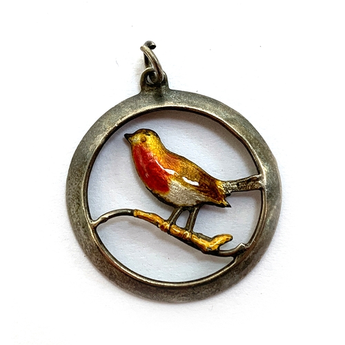 26 - A silver and enamel pendant in the form of a robin on a branch, hallmarked for Richard John Wakefiel... 