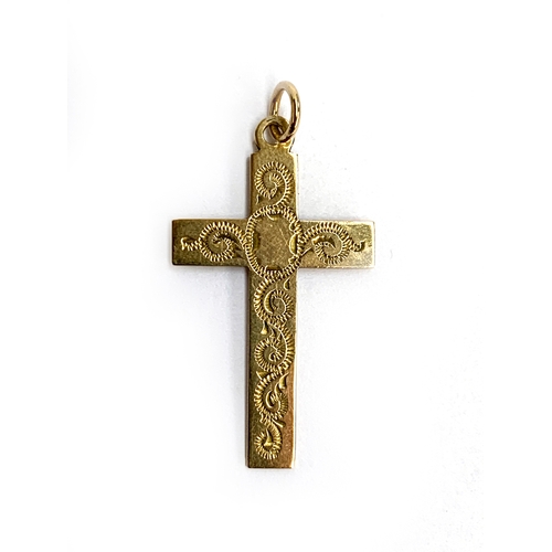 36 - A 9ct gold crucifix with engraved detail, 2.8cmL, approx. 1.2g