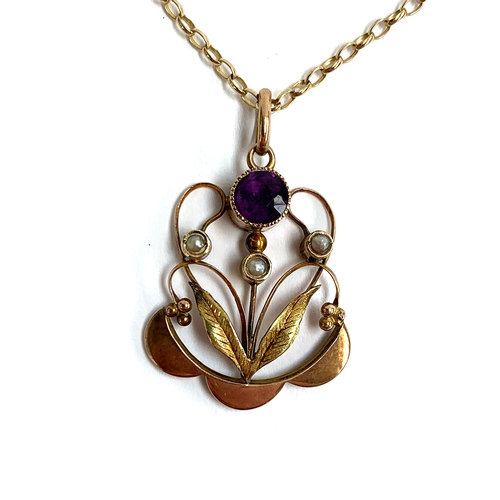 47 - An Art Nouveau 9ct gold pendant set with an amethyst and three seed pearls, hallmarked H&W, 2.5cm lo... 