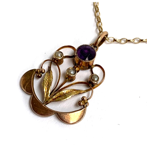 47 - An Art Nouveau 9ct gold pendant set with an amethyst and three seed pearls, hallmarked H&W, 2.5cm lo... 