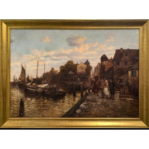 391A - 19th century Continental, port scene, oil on canvas laid on board, signed indistinctly 'P Dum...', 9... 