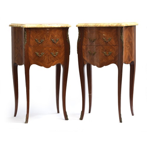 637A - A pair of French marquetry and parquetry bedside cabinets with gilt metal mounts, each with moulded ... 