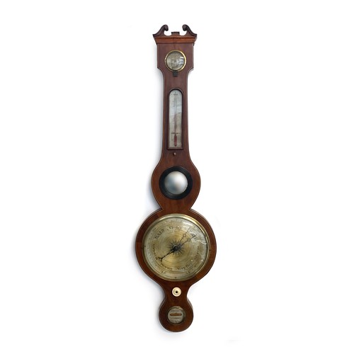 571A - A mahogany cased banjo barometer/thermometer, broken swan neck pediment, convex mirror within an ebo... 