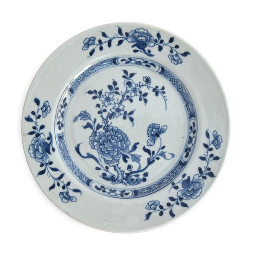 265A - A Chinese Nanking cargo plate with blue and white peony design, bears label for Christies lot 3651 o... 