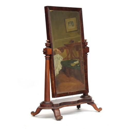 686A - A Victorian mahogany cheval mirror, on tapering turned supports, on a serpentine base, 147cm high, 1... 