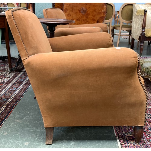 676 - A pair of beech and needle corduroy upholstered library armchairs, 20th century, each 82cm high