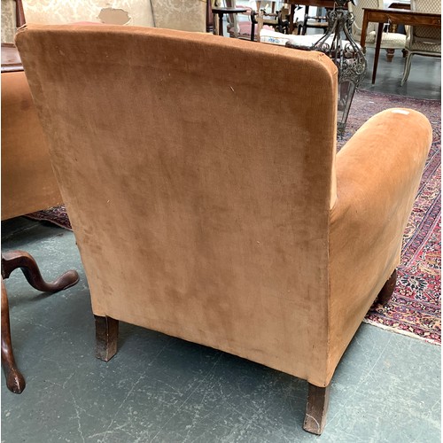 676 - A pair of beech and needle corduroy upholstered library armchairs, 20th century, each 82cm high