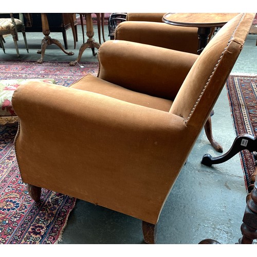 676 - A pair of beech and needle corduroy upholstered library armchairs, 20th century, each 82cm high