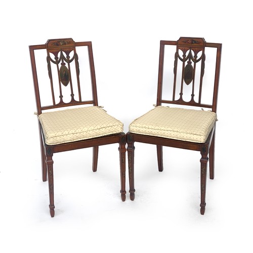 655A - A pair of Adam revival painted occasional chair, square backs with floral painted cresting rail, ove... 