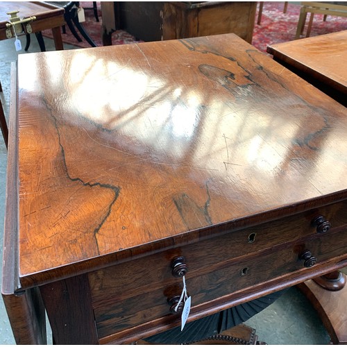 624 - An early Victorian rosewood drop leaf work table, with two fitted frieze drawers with silk work draw... 