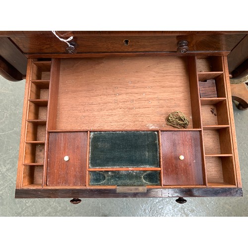 624 - An early Victorian rosewood drop leaf work table, with two fitted frieze drawers with silk work draw... 