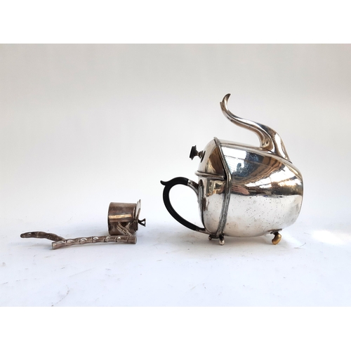 91 - A plated James Dixon, Sheffield 'syp' teapot with ebonised handle, together with an unusual plated i... 