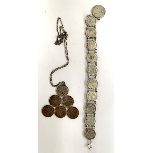 76 - A handmade panel bracelet comprising 10 cents coins dating from 1915 to 1928, dated Belgium 1945, to... 