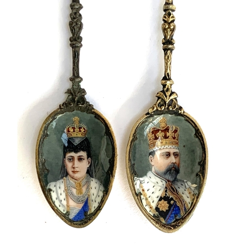 87 - Two 800 silver and enamel spoons commemorating the 1901 coronation of King Edward VII and Alexandra ... 