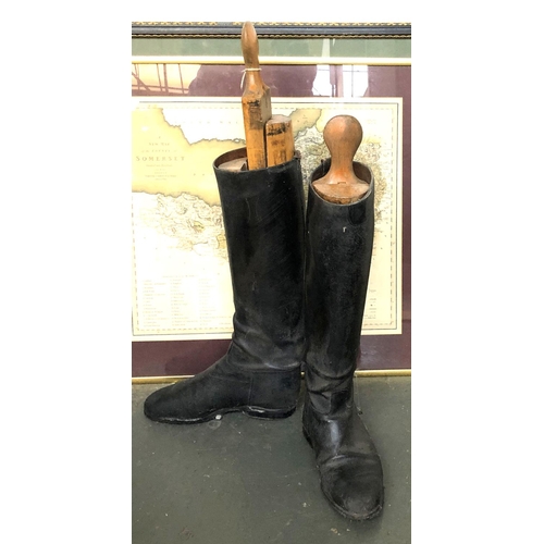 808 - A pair of ladies black leather hunting boots with wooden trees, approximately size 6-7