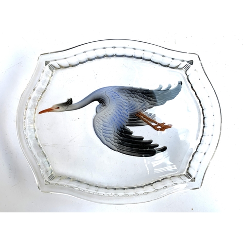 103 - A quantity of knopped stem glasses, together with a glass tray depicting heron in flight