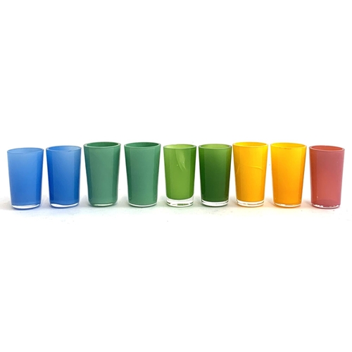 139 - A set of nine coloured glass shot glasses, each approx. 5cmH