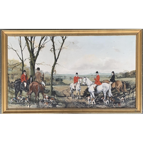 271 - 20th century oil on canvas, huntsmen and hounds, 60x105cm