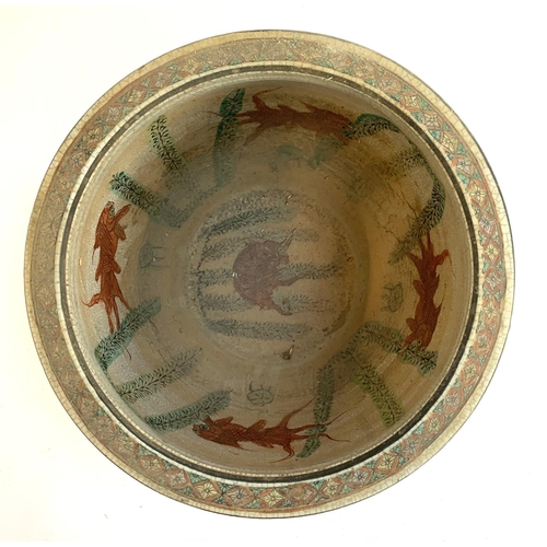 167 - A large Chinese crackle glazed stoneware and polychrome enamel fish bowl, the outside decorated with... 