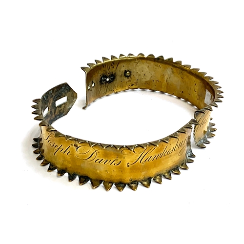 573 - An 18th century adjustable brass bear-baiting mastiff dog collar, inscribed 'Joseph Davis Hawkesbury... 