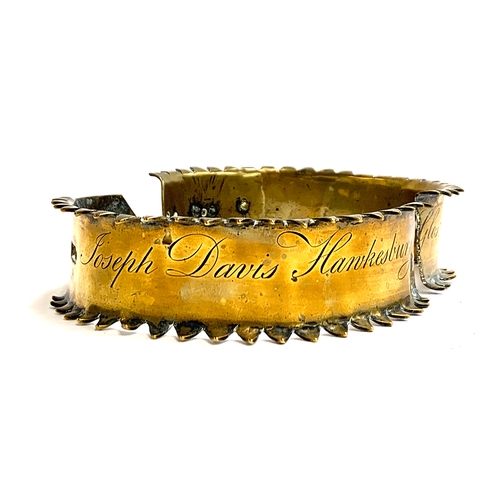 573 - An 18th century adjustable brass bear-baiting mastiff dog collar, inscribed 'Joseph Davis Hawkesbury... 