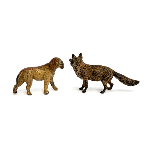 108 - Two small cold painted bronzes of a fox, 8cm long, and a foxhound