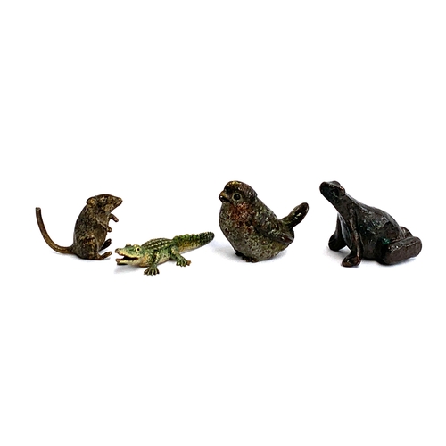 109 - Four small cold painted bronzes, a rat, 2cm high, crocodile, 4.5cm long, songbird, 2.5cm high and fr... 