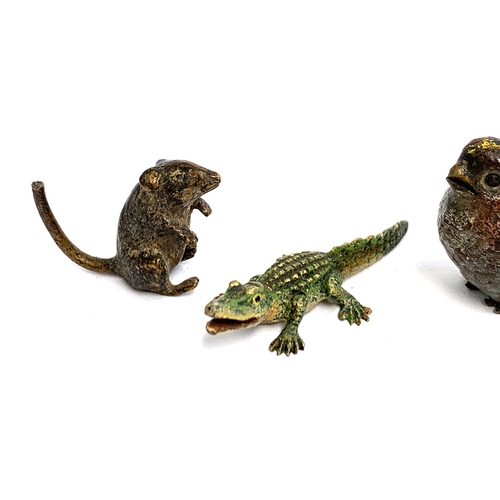 109 - Four small cold painted bronzes, a rat, 2cm high, crocodile, 4.5cm long, songbird, 2.5cm high and fr... 