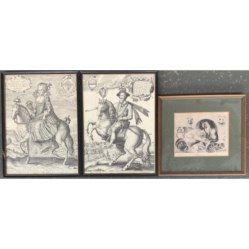 542 - A pair of prints 'Princess Anne' and 'Robert Earl of Essex', each 30x37cm; together with 'Pussies' a... 