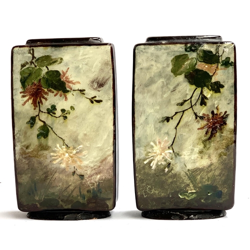 190 - A pair of hand painted rectangular vases, monogrammed EG, 21cmH