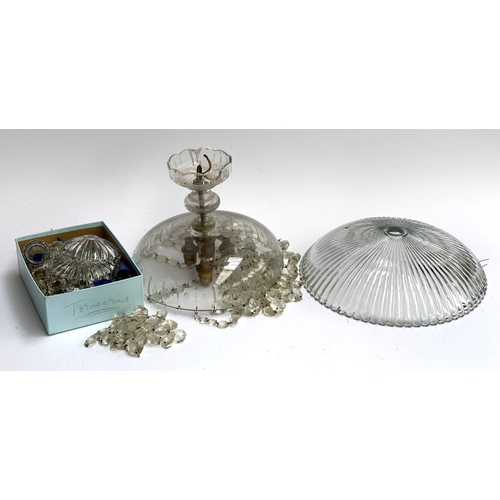 348 - A cut glass three light bag chandelier, early 20th century, approximate 44cm drop, top 
bowl 29cmD; ... 