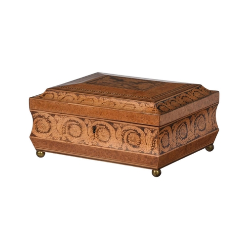 158 - A Regency burrwood, parquetry and penwork work box, the interior with a removable tray, 27cm wide, 2... 