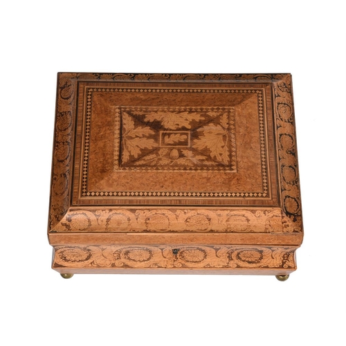 158 - A Regency burrwood, parquetry and penwork work box, the interior with a removable tray, 27cm wide, 2... 