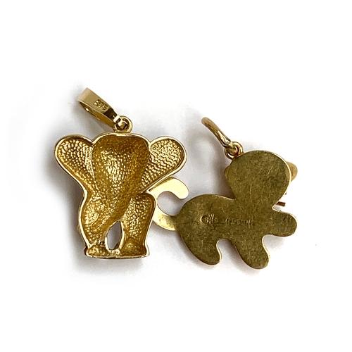 8 - A 9ct gold cat pendant, 2.5cmW; together with a 9ct gold elephant pendant, 2cmW, total weight approx... 