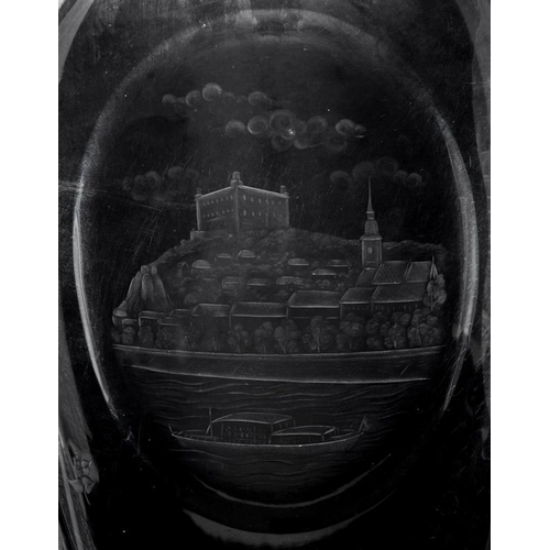 110 - A Czech clear and engraved glass topographical charger, mid-20th century, the centre with a view of ... 